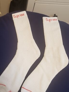 Supreme White Crew Socks with Red Logo on Cuff